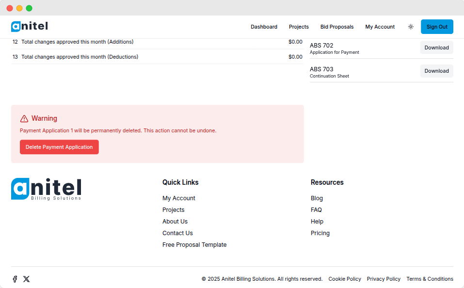Delete Payment Application page screenshot Payment application page screenshot